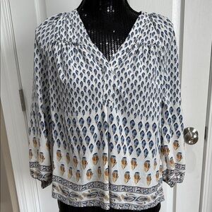 Patterned Joie Silk Blouse with Blue and Brown Accents